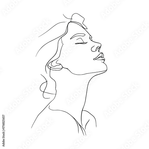Woman's silhouette with closed eyes and smiling expression in line art  