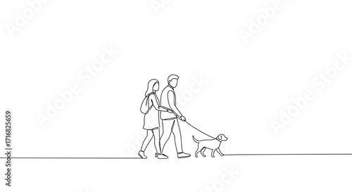 Couple walking dog in line art style on white background concept of vector  