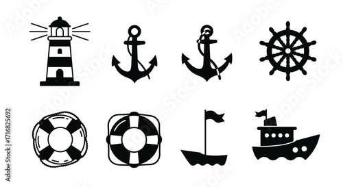 Nautical items silhouette icons including lighthouse, anchors, and boat concept of vector  