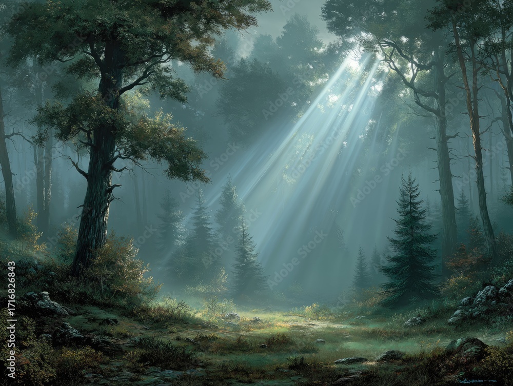 Fototapeta premium and keyword list based on the imageLight Streams Through Forest Trees, Illuminating Foggy Clearing in Woodland.