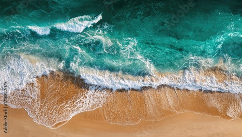 Fototapeta Naklejka Na Ścianę i Meble -  Aerial view Ocean waves crashing on sandy beach at sunset