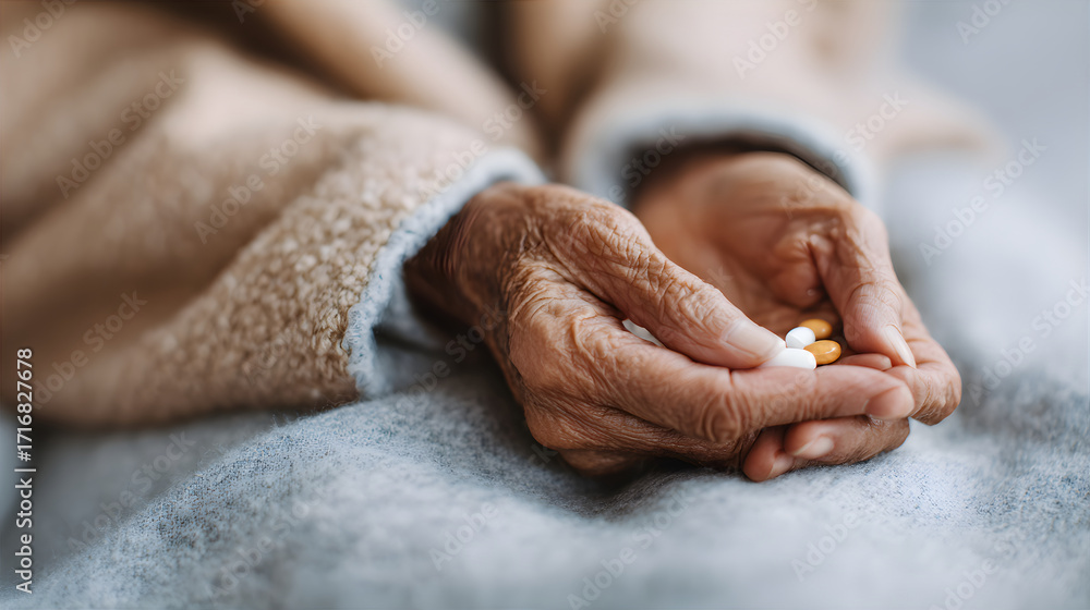 Fototapeta premium Old woman's wrinkled hands holding various pills, representing medication, health support and care for the senior population and elderly.