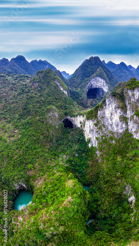 Aerial view of Sanmenhai Scenic Area, Fengshan County, Hechi City, Guangxi Province
