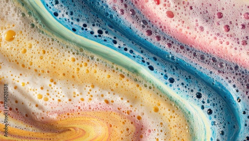 Colorful bath bomb foam swirls, closeup texture, background bubbles, spa product