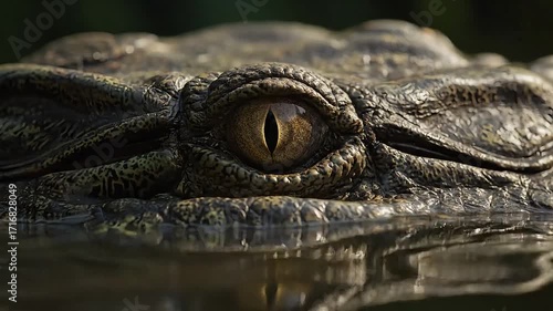 Intense reptilian eye of a crocodile emerges from murky water, hinting at hidden power and ancient wildness.