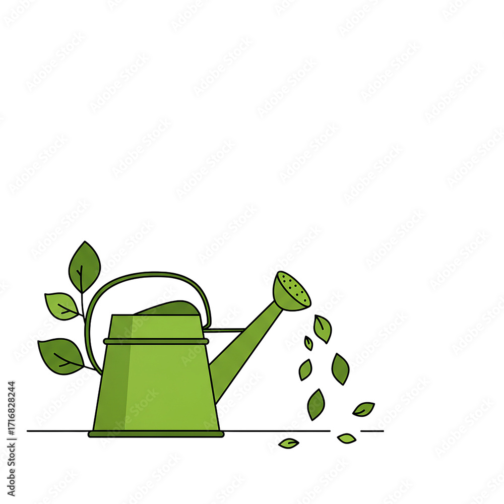 Obraz premium A refreshing green watering can with leaves around it. A symbol of freshness and nature