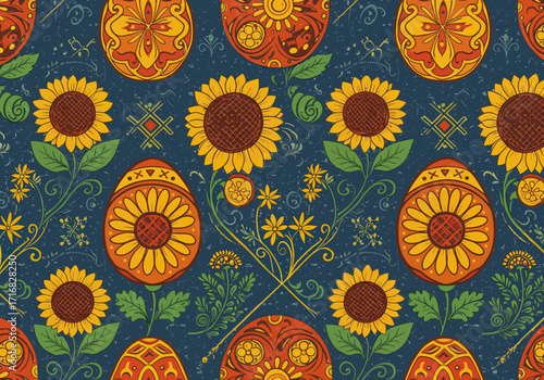 Vibrant sunflower and Ukrainian Easter egg pattern, folk art style