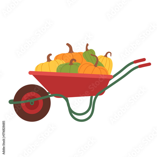 Flat vector illustration of a red wheelbarrow filled with colorful pumpkins and squashes, symbolizing autumn harvest, farming, and seasonal food. Isolated background. Hand drawn.