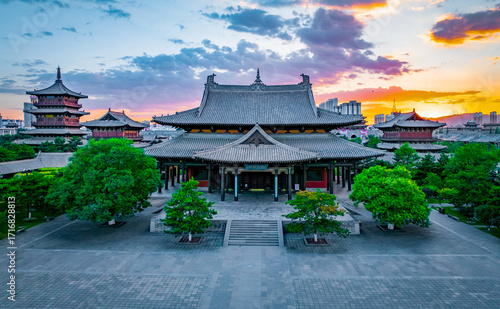 Aerial photography of Huayan Temple in Datong, Shanxi, China on a sunny summer day with fiery clouds