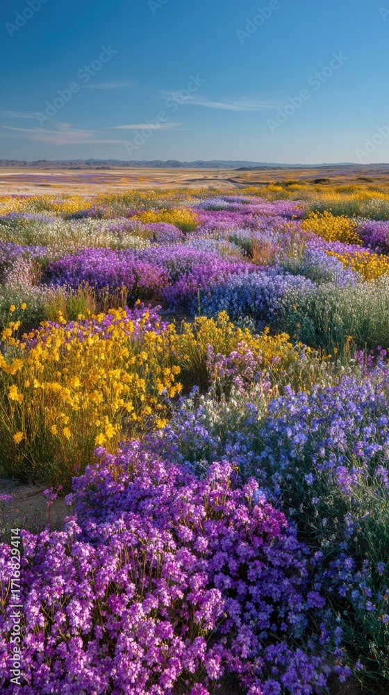Obraz premium Vast field of colorful wildflowers under clear blue sky, mountains in distance