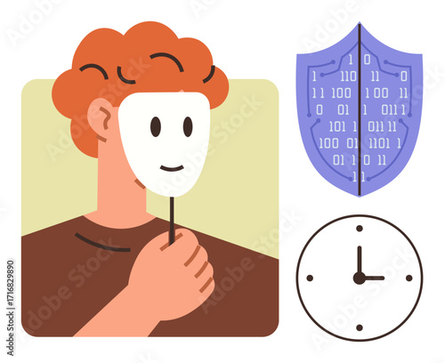 Individual holding a mask, shield with binary numbers, and a clock representing identity, privacy, cybersecurity, time management, trust, anonymity and deception. Ideal for online safety personal