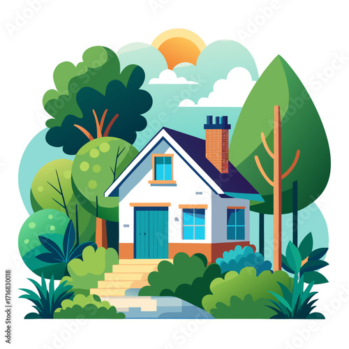Vector Illustration of Cozy House Facing Narrow Street Surrounded by Green Trees and Plants with Minimalist Design