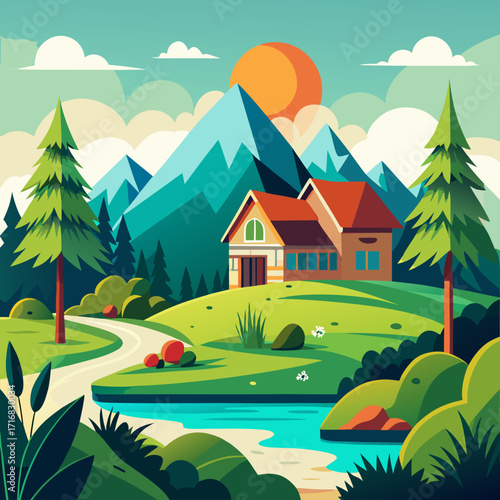 Vector Illustration of Countryside House Surrounded by Green Trees with Mountain Valley and Flowing River