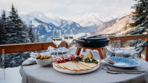 A Luxurious Outdoor Fondue Dinner with a Breathtaking Snow-Covered Mountain View, Perfect for Ski Resort and Winter Holiday Getaway Advertisements