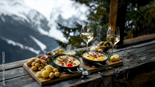 Cozy Raclette and White Wine with a Breathtaking Snow-Capped Mountain View, Perfect for European Winter Tourism and Holiday Hospitality Commercials