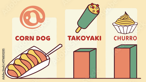 Illustrated Corn Dog Takoyaki and Churro Food Icons with Bar Graphs