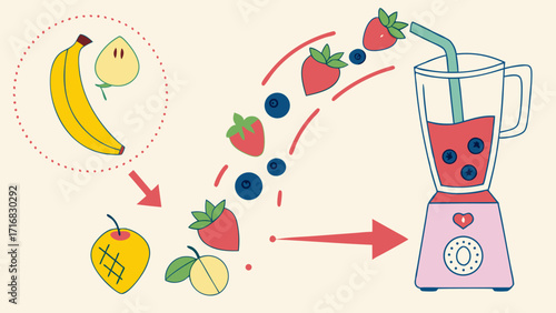Illustrated Smoothie Preparation with Banana Apple Strawberries and Blueberries