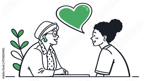 Two women in conversation with a green heart speech bubble above them