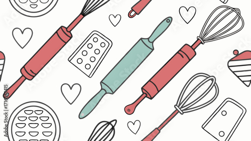 Whimsical Baking Utensils Pattern with Rolling Pins Whisks Hearts and Cookie Cutters