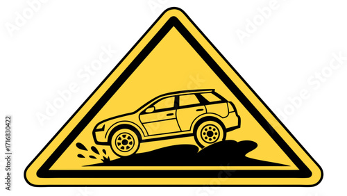 Yellow Warning Sign with Black Car Splashing Through Water Hazard