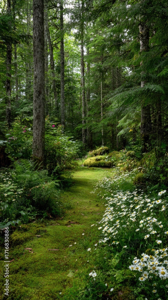 Obraz premium Serene forest path, mossy ground, dappled sunlight, lush greenery