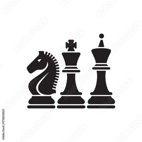 Chess Pieces Silhouette Icon Set – King, Queen, and Knight Black Symbols for Strategy and Board Game Design