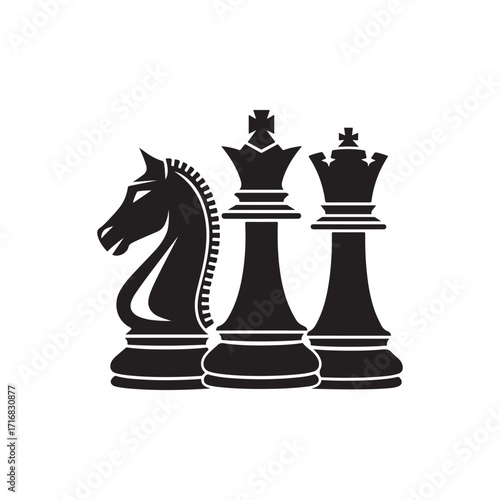 Chess Pieces Silhouette Icon Set – King, Queen, and Knight Black Symbols for Strategy and Board Game Design