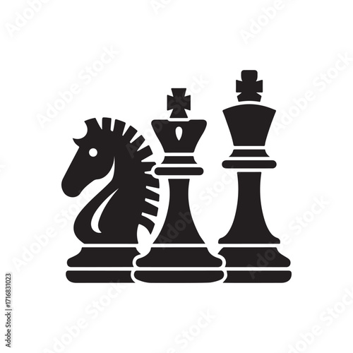 Chess Pieces Silhouette Icon Set – King, Queen, and Knight Black Symbols for Strategy and Board Game Design