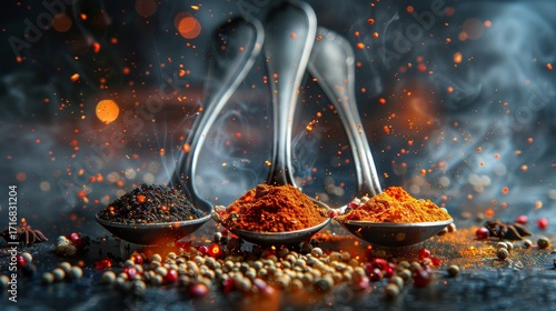 Fototapeta Naklejka Na Ścianę i Meble -  Colorful spice powders displayed on spoons for culinary inspiration and flavor exploration