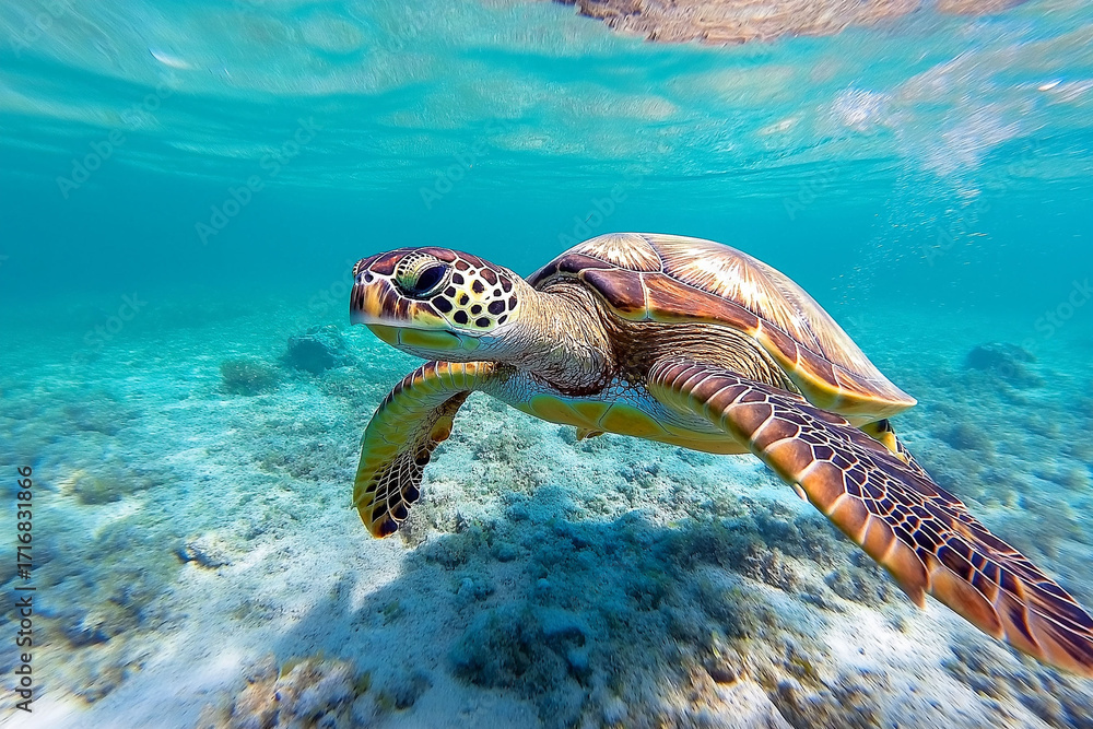 Obraz premium Colorful sea turtle gracefully swimming underwater, showcasing vibrant patterns and textures, surrounded by clear blue ocean water and sandy seabed, representing marine life beauty