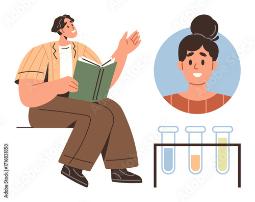 Young man reading book while gesturing, womans circular portrait nearby, three test tubes on a stand. Ideal for education, science, chemistry, online learning, brainstorming, mentorship curiosity