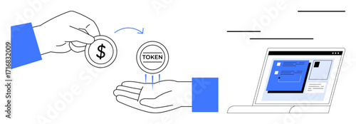 Hands exchanging dollar coin for token, symbolizing digital transactions and cryptocurrency, with a laptop interface. Ideal for finance, blockchain, technology, investment, e-commerce, economy