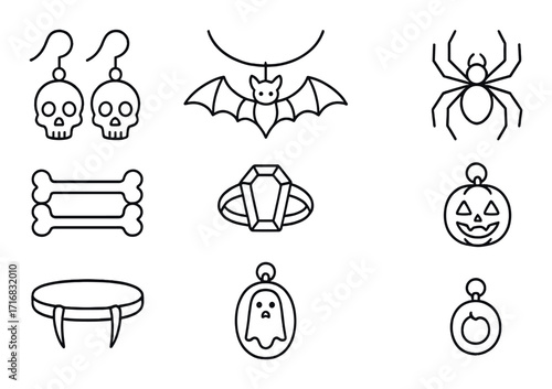 Halloween-themed jewelry: skulls, bats, spiders, bones, pumpkins with ghostly charms