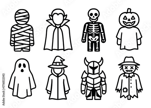 Halloween costume icons: vampire, skeleton, pumpkin, mummy, ghost, witch, knight, scarecrow