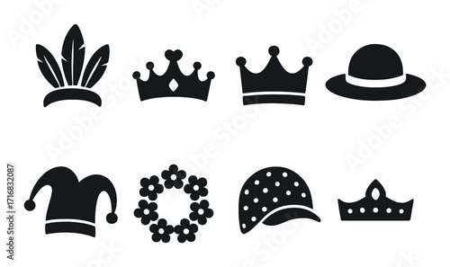 Variety of black silhouette hat icons including crown and jester hat