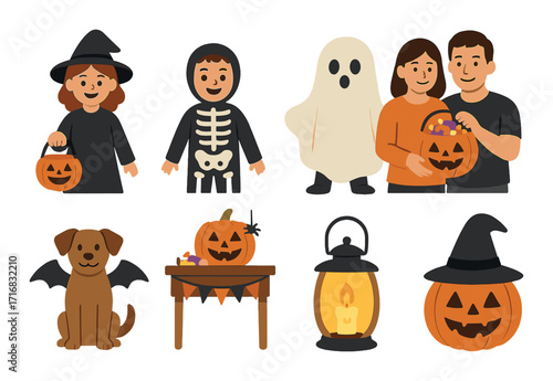 Halloween celebration with costumed children and jack-o'-lanterns