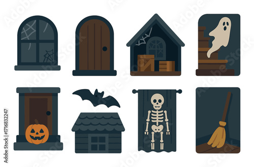 Spooky halloween icons: haunted house, ghost, skeleton, bat, pumpkin, broomstick