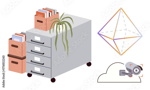 Filing cabinet with stacked folders and a plant, geometric shape, cloud with security camera. Ideal for organization, storage, security, technology, cloud computing data management teamwork. Simple