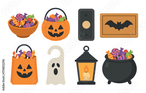 Halloween candy icons with ghosts, lanterns, pumpkins, and bats in festive colors
