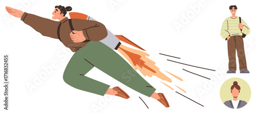Individual soaring with jetpack conveys ambition and progress. Observers in casual attire symbolize inspiration and aspiration. Ideal for personal growth, ambition, innovation, success, teamwork