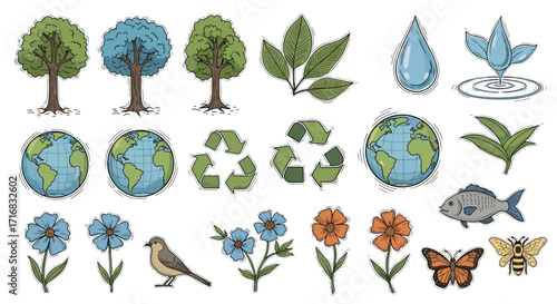 Collection of hand drawn nature icons representing ecology sustainability and environmental protection elements