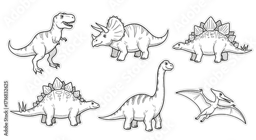 Collection of six hand drawn black and white dinosaur illustrations on a white background