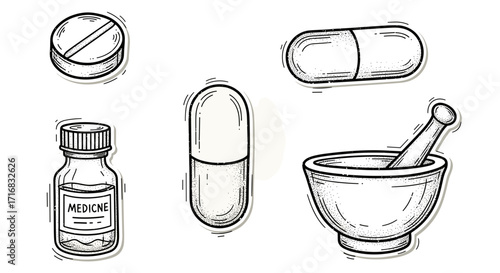 Collection of hand drawn medical icons including pills capsules bottle and mortar pestle on black background