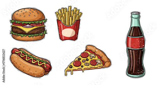 Collection of delicious fast food items including a burger fries hot dog pizza slice and soda bottle on black background