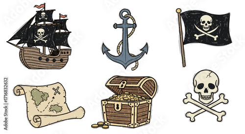 Collection of hand drawn pirate icons including a ship anchor flag treasure map and chest with gold coins