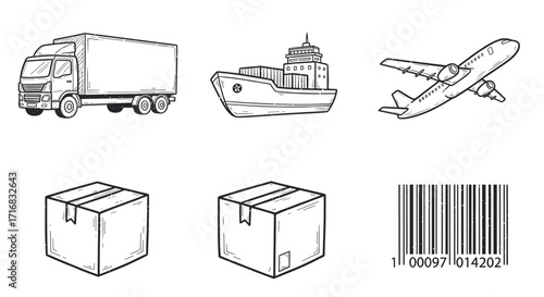 Hand drawn sketch icons representing different modes of transportation and shipping logistics for delivery services