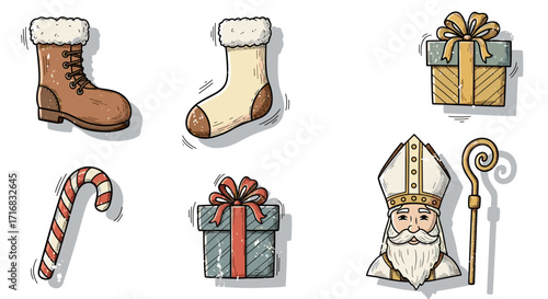 Saint nicholas day festive icons including boot sock gifts candy cane and bishop staff on black background