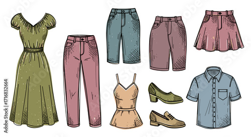 Collection of hand drawn fashion clothing items and shoes for women in pastel colors on black background