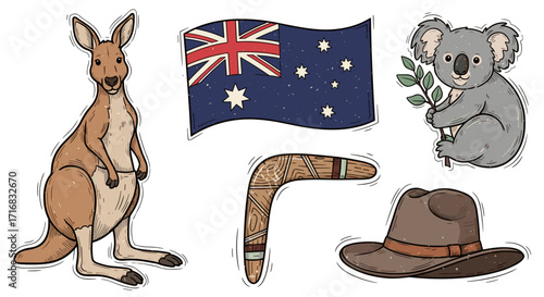 Collection of iconic australian symbols including a kangaroo koala flag boomerang and hat