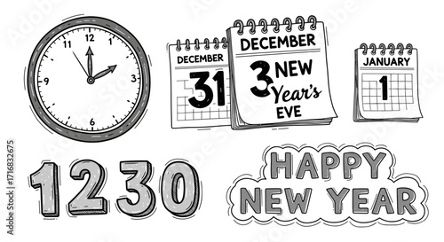 Hand drawn clock and calendar elements with happy new year text and numbers 1230 on black background